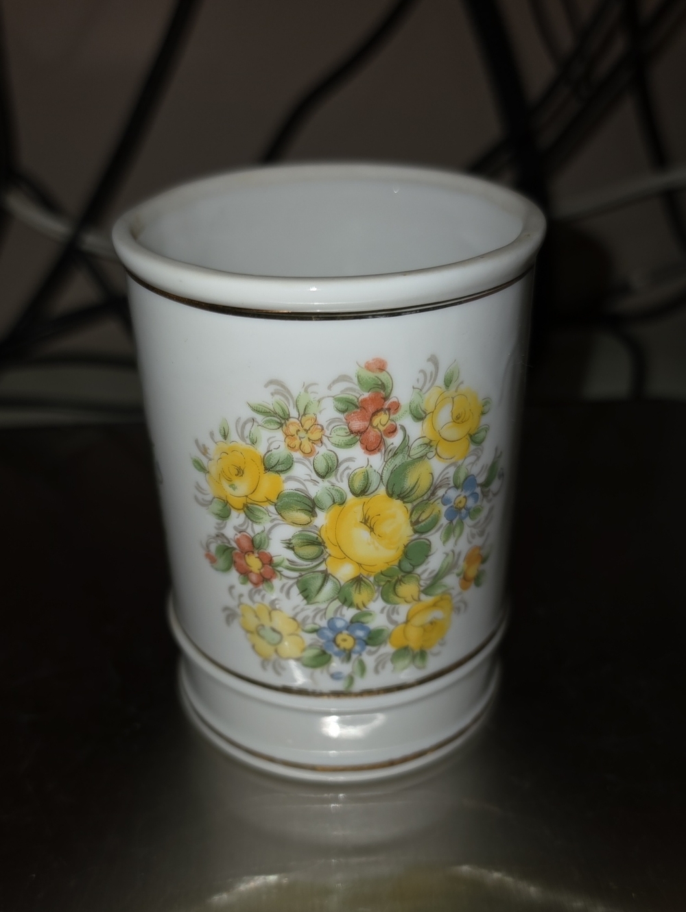 Porcelain Floral Toothbrush Holder - Yellow Floral Accent